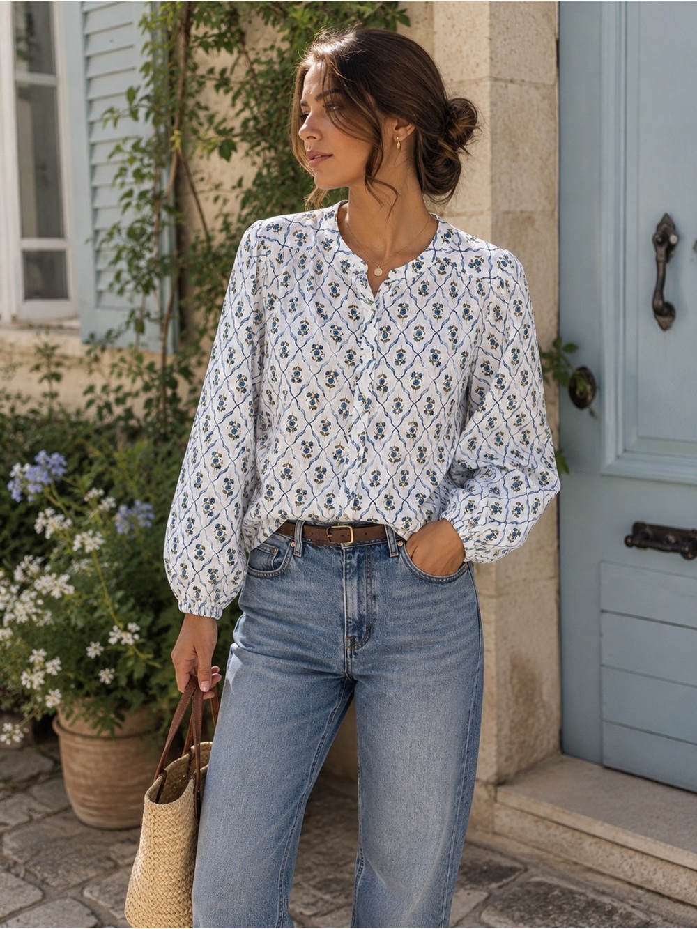 Lucky Brand Floral Blouse Women’s L White Blue 100% Cotton Balloon Sleeve